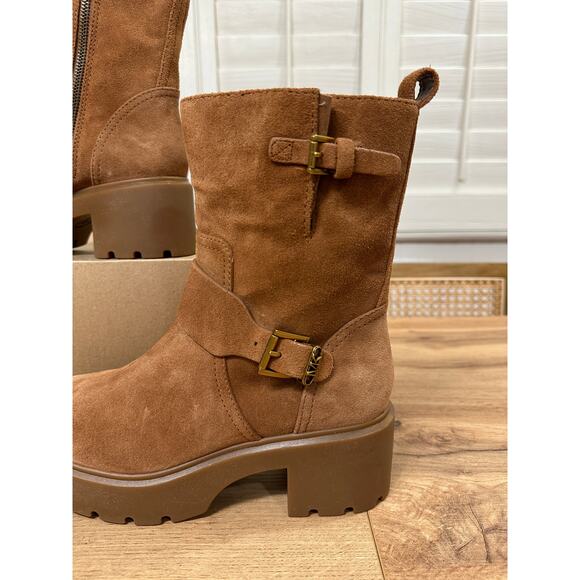Michael Kors Perry Suede Moto Boots Luggage Camel Size 8 NWOB Chic Edgy Lug Sole - Picture 4 of 14